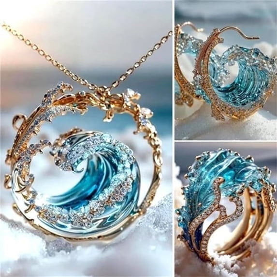 Ocean Wave Necklaces for Women Crystal Encrusted Enamel Wave Open Circle Pendant Beach Vacation Coastal Outings Pendants Jewelry Chokers