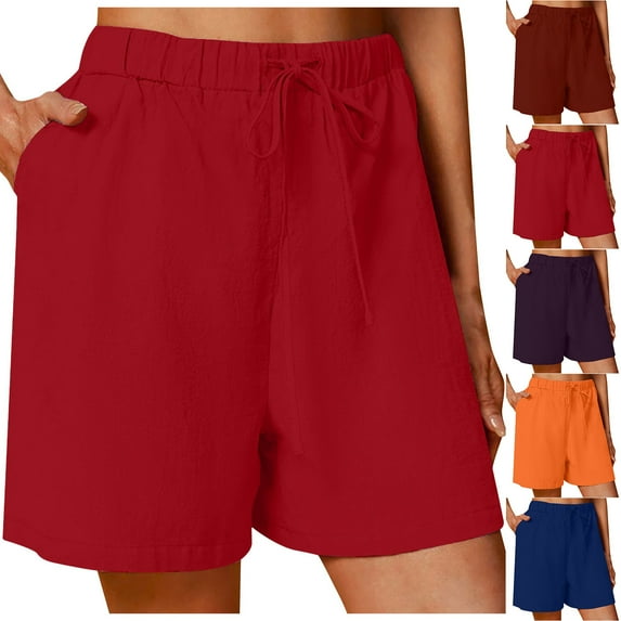 Jacenvly New Home Shorts Women Cotton Linen Shorts Solid Color Comfortable Elastic Wide Leg Casual Shorts Soft Satiny High Waistleisure Athletic Shorts Women Dark Blue