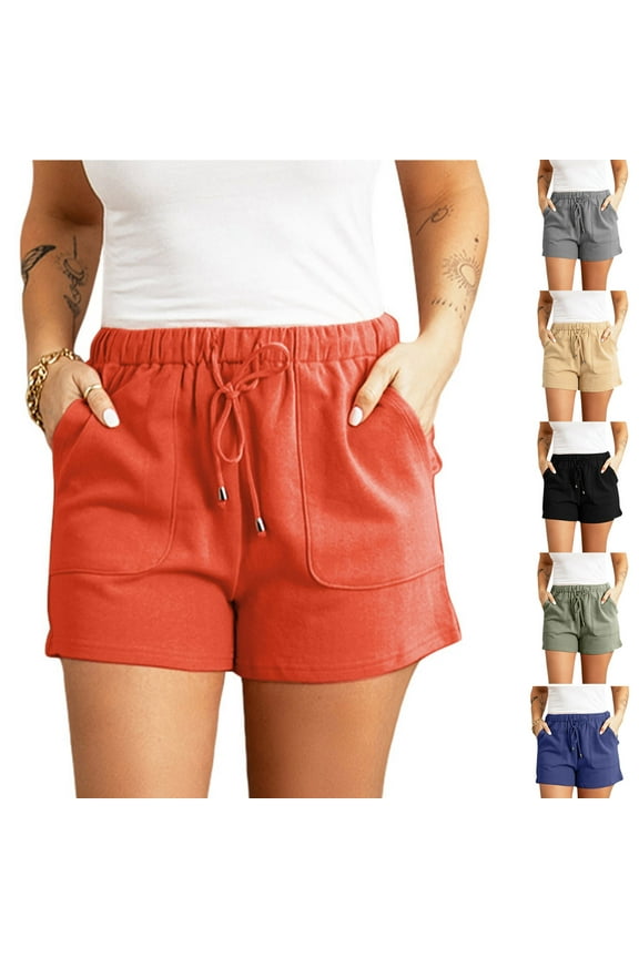 New Home Shorts Women Fashion Solid Color Plus Size Rope Tie Shorts Yoga Sport Shorts Quick Drying Elastic High Waistleisure Sports Shorts Women Pockets Orange