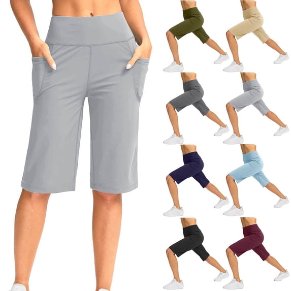 Jacenvly New Home Shorts Women Solid Elastic Waist Pocket Half Shorts Pants Casual Stretchy Stylish Yoga Pants Shorts for Summer Women'S Clothing Lightweight High Waist Womens Plus Size Shorts Navy