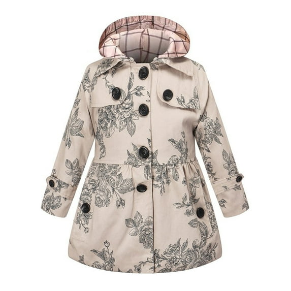 Jacenvly New Jackets for Kids On Fashion Girls' Winter British Trench Coat with Detachable Hat Thickened Floral Print and Cotton Jacket 5-6 Years Khaki2