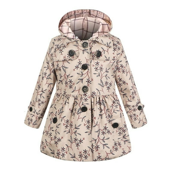 Jacenvly New Jackets for Kids On Fashion Girls' Winter British Trench Coat with Detachable Hat Thickened Floral Print and Cotton Jacket 9-10 Years Khaki5
