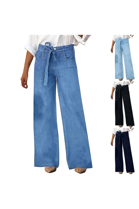 New Jeans for Women Plus Size Long Pants Loose Solid Expandable Waist Wide Leg Jeans for Women High Waist Breathable Expandable Waist Pocket Tie Front Black M