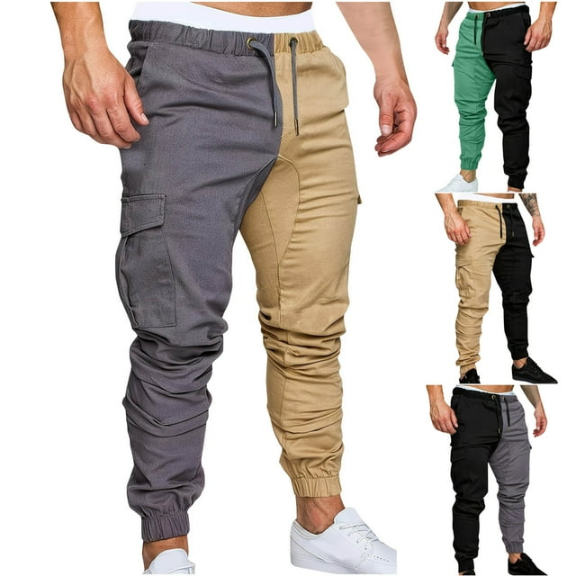 Jacenvly New Khaki Pants for Men Summer Color Matching Elastic Waist Drawstring Pocket Overalls Trousers Mens Work Pants Black1 Sport Pants Men