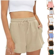 Jacenvly New Ladies Casual Shorts Women'S Summer Solid Color Drawstring Elastic Quarter Shorts Pants Comfort Fit High Waisttrendy Swim Shorts for Women White