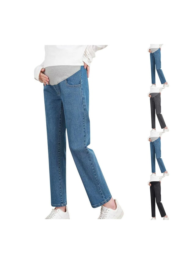 New Maternity Jeans Plus Size Long Pants Casual Solid Elastic Waisted Straight Leg Jeans for Women High Waist Comfort Fit Elastic Waisted Pocket Blue XXL