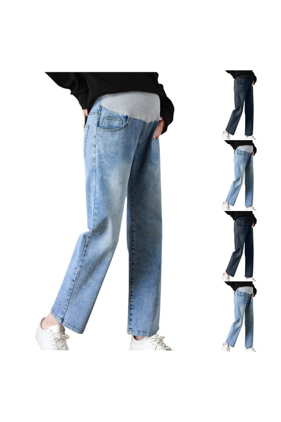 New Maternity Pants Long Pants Fashion Solid Elastic Waisted Straight Leg Jeans for Women High Waist Comfort Fit Elastic Waisted Pocket Gray L