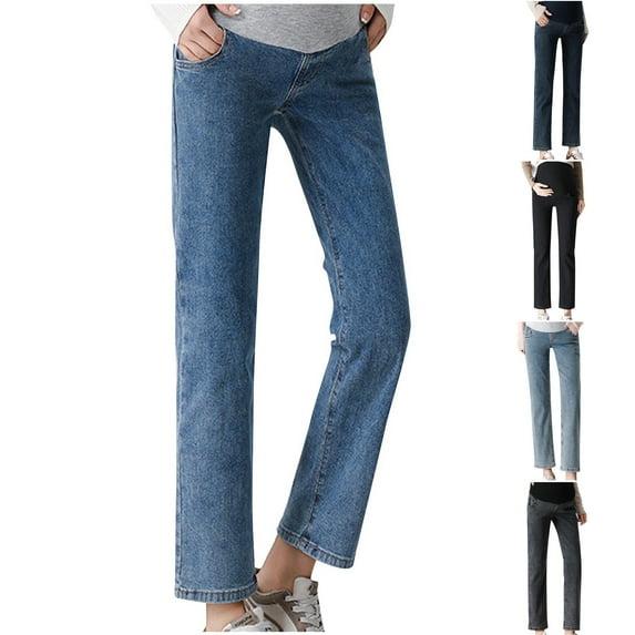 Jacenvly New Maternity Pants Jeans Long Pants Fashion Solid Elastic Waisted Straight Leg Jeans for Women Mid Waist Comfort Fit Elastic Waisted Pocket Blue XXL