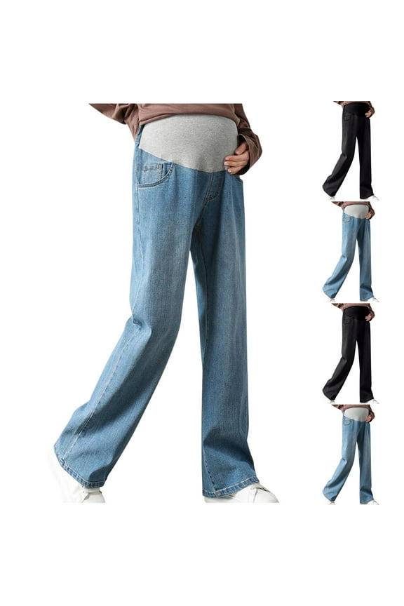 New Maternity Pants Jeans Long Pants Trendy Solid Elastic Waisted Wide Leg Pants for Women Mid Waist Soft Easy Care Elastic Waisted Pocket Black XXXL