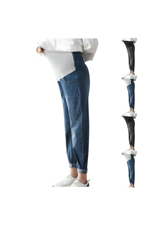 New Maternity Pants Plus Size Long Pants Casual Solid Elastic Waisted Straight Leg Jeans for Women Mid Waist Comfort Fit Elastic Waisted Pocket Blue XXXL