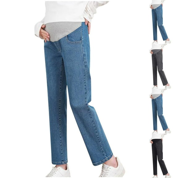 Jacenvly New Maternity Pants Plus Size Long Pants Trendy Solid Elastic Waisted Straight Leg Jeans for Women Mid Waist Comfort Fit Elastic Waisted Pocket Gray XXL