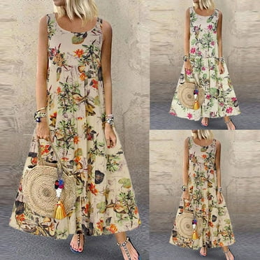 Jacenvly New Maxi Dresses for Women 2024 Fashion Women Summer Casual Print Round-Neck Sleeveless Vest Long Dress Satiny Soft Flowy Dresses for Women White