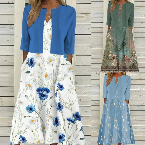 Jacenvly New Maxi Dresses for Women 2024 Two-Piece Women'S Summer Printed V-Neck Elegant a Line Tank Dress and Half Sleeve Cardigan Tops Set Suit Satiny Soft Casual Flowy Dresses for Women Blue
