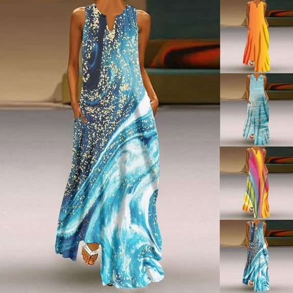 Jacenvly New Maxi Dresses for Women 2024 Women Casual Loose Printed Tank Dress Beach V-Neck Pocket Sundress Sleeveless Dresses Satiny Soft Flowy Dresses for Women Blue