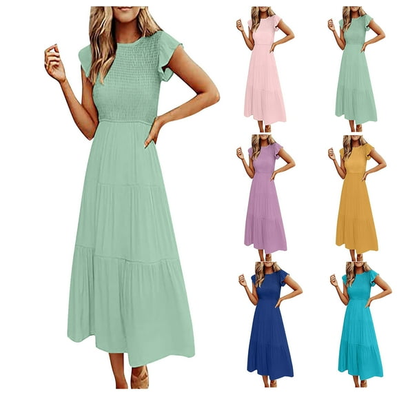 Jacenvly New Maxi Dresses for Women 2024 Women'S Fashion Casual Round-Neck Short Sleeve Solid Color High Waist Dress Satiny Soft Flowy Dresses for Women Blue