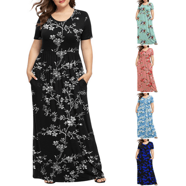 Jacenvly New Maxi Dresses for Women 2024 Women'S Plus Printed Casual Short Sleeve Round Neck Pleated Pocket and Ankle Dress Satiny Soft Flowy Dresses for Women Black