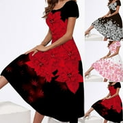 JACENVLY New Maxi Dresses for Women 2024 Women'S Short Sleeve Round Neck Casual Fashion Party Daily Elegant Printing Dress Satiny Soft Flowy Dresses for Women Pink