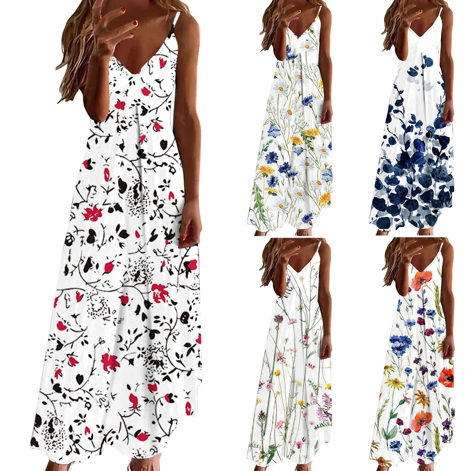 Jacenvly New Maxi Dresses for Women 2024 Womens Vest Sling Dress Summer  Sleevess Printed V Neck Sexy Casual Long Maxi Dress Satiny Soft Flowy  Dresses for Women Multicolor - Walmart.com