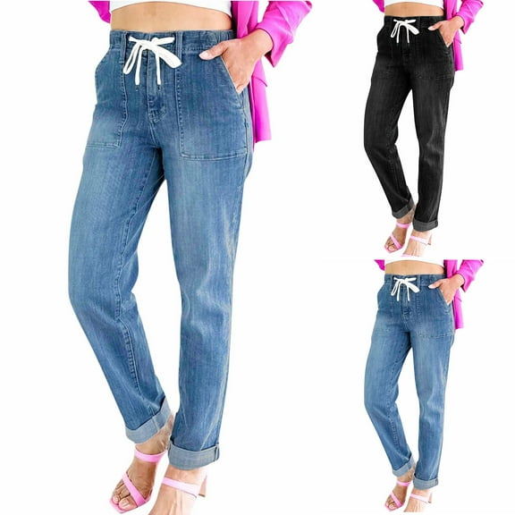Jacenvly New Pants for Women Jeans Long Pants Fashion Solid Elastic Waisted Straight Leg Jeans for Women High Waist Breathable Elastic Waisted Pocket Tie Front Light Blue XL