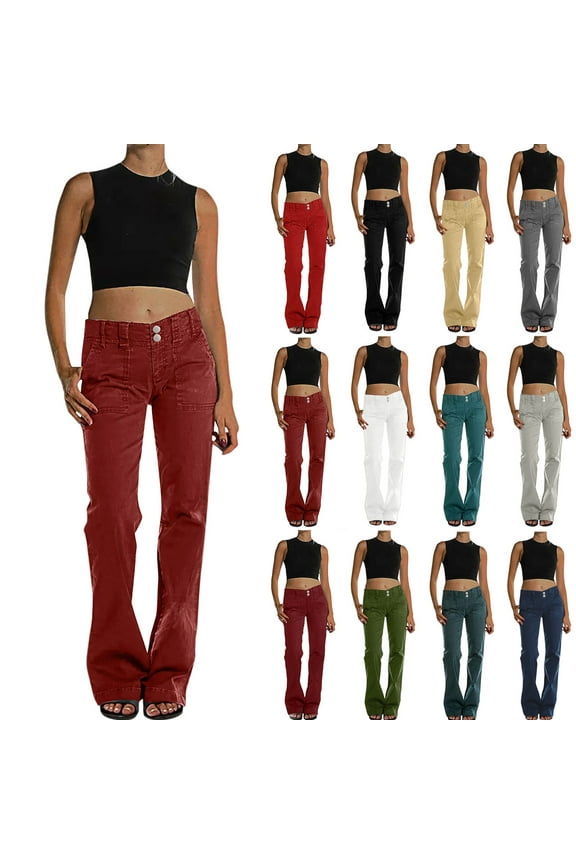 New Pants for Women Jeans Long Pants Loose Solid Comfort Waist Straight Leg Jeans for Women High Waist Comfort Fit Comfort Waist Pocket Red M