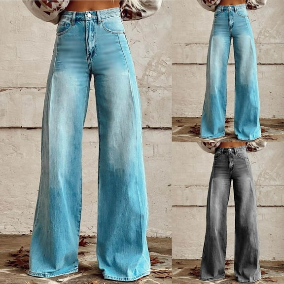 Jacenvly New Pants for Women Jeans Long Pants Trendy Solid Comfort Waist Wide Leg Pants for Women High Waist Skin-Friendly Comfort Waist Pocket Light Blue L