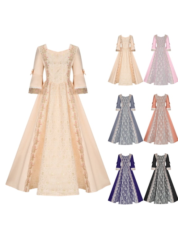 New Party Dresses for Women Plus Size Women‘S Retro Evening Performance Cos Ball Dress Flare Muslim Long Sleeve Solid Round Neck Long Dresses Womens Plus Size Dresses