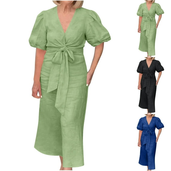 Jacenvly New Plus Size Summer Dresses Women'S Summer Solid Color Short Sleeve V-Neck Dress Breathable Leisure Hawaiian Dresses for Women Green