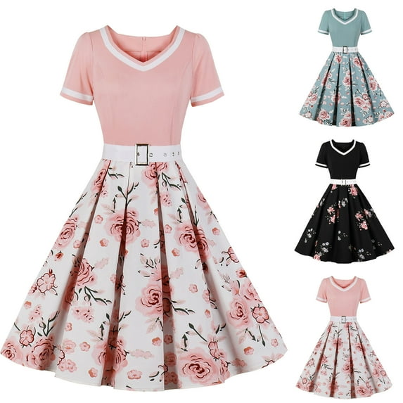 Jacenvly New Plus Size Summer Dresses Women'S Vintage Print Hem Dress Short Sleeve V-Neck Knee-High Dress Breathable Leisure Hawaiian Dresses for Women Pink