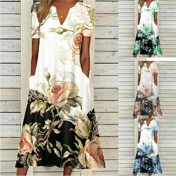Jacenvly New Plus Size Summer Dresses Women Summer Casual Printed with Pocket V Neck Short Sleeve Dress Breathable Leisure Hawaiian Dresses for Women Green