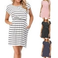 thumbnail image 1 of Jacenvly New Pregnant Clothes s Short Sleeve Striped Casual Dresses for Women Elastic Waistband Casual Round Neck Mid-Length Pregnant Clothes Woman Pocket Pink M, 1 of 3
