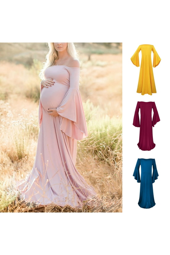 New Pregnant Clothes s Women'S Maternity Dress Fashion Pregnant Women Ruffled Long-Sleeved Off-The-Shoulder Dress Shooting Photo Dress Long Skirt Maternity Dress Plus Size Red Xxxxl