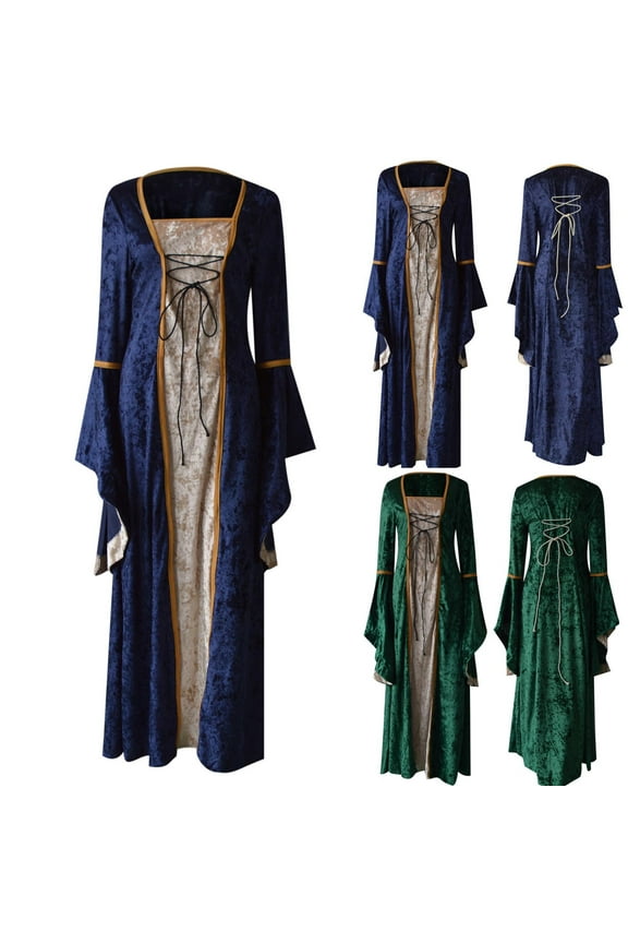 New Prom Dresses for Juniors Women's Flared Sleeves Golden Velvet Vintage Gown Party Middle Ages Dress Women Cocktail Dresses Green M