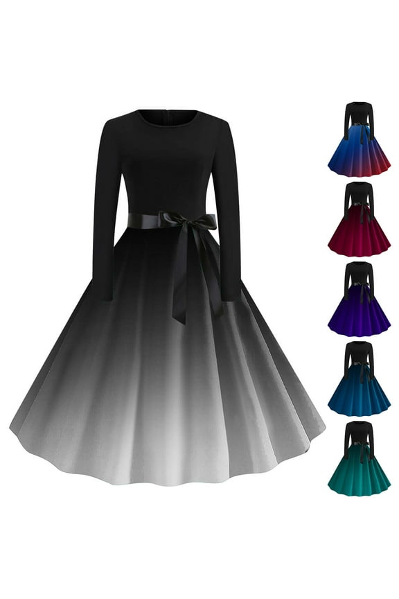 New Prom Dresses for Juniors Women's Printed Lace up Style Retro Zipper Long Sleeved Round Neck Dress Women Cocktail Dresses Purple M