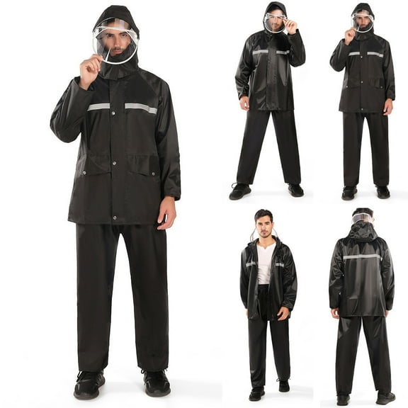 Jacenvly New Rain Suits for Men Long Button-Up Zipper Pocket Detachable Hat Single Split Outdoor Hiking Raincoat Rain Pants Long Sleeve Hooded Set Hoodies Uv Protection Adult Rainwear Suit Black