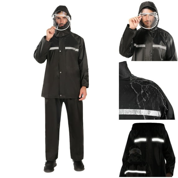 Jacenvly New Rain Suits for Men Long Button-Up Zipper Pocket Detachable Hat Single Split Raincoat Rain Pants Outdoor Hiking Raincoat Long Sleeve Hooded Set Waterproof Adult Rainwear Suit Black