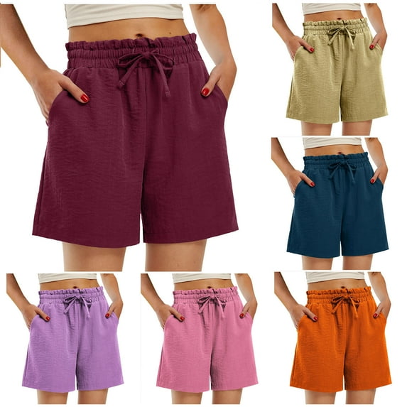 Jacenvly New Shorts for Women Solid Color Casual Drawstring Sports Shorts with Pocket Uv Protection Elastic High Waistloose Swim Shorts for Women Purple