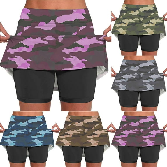 Jacenvly New Skirt Shorts for Women Loose Women's Summer Camouflage Print Pleated Tennis Skirts Athletic Stretchy Yoga Fake Two Piece Shorts Skirt Quick Drying Coffee