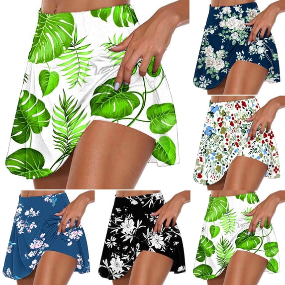 Jacenvly New Skorts for Ladies Trendy Print Mini Skorts Elastic Waist High Waisted Breathable Sport Skirts Women