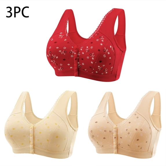 Jacenvly New Sports Bras for Women 3Pc Front Buckle for Middle-Aged and Elderly Underwear Soft Cotton Oversized Tank Top Without Steel Ring Printed Bra Lightweight Bras for Women No Underwire