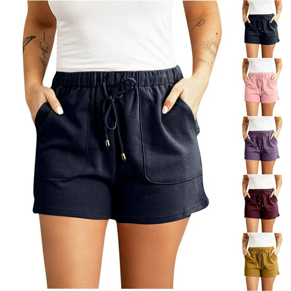 Jacenvly New Sports Shorts Women Fashion Solid Color Plus Size Rope Tie Shorts Yoga Sport Shorts Breathable Elastic High Waistleisure Womens Clothes Summer Shorts Wine