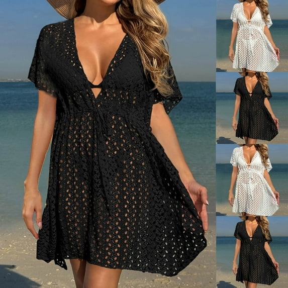 Jacenvly New Style Cover Up Dresses Swimwear Woman Fashion Comfortable Summer Solid Color Short Sleeve V-Neck Dress Cover Up Dress Plus Size