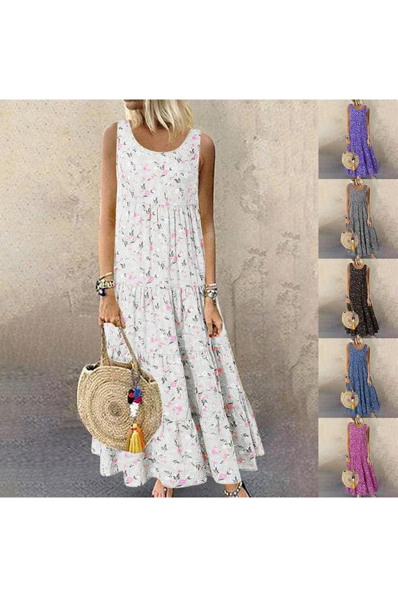 New Summer Dresses for Women 2024 Women Plus Size Casualprinted Round-Neck Short Sleeve Loose Knee-Length Dres Breathable Leisure Sundresses for Women Purple