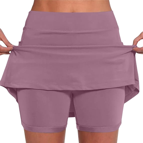 Jacenvly New Summer Skorts for Women Casual Women's Color Mid-Waist Skirt Pants Sports Shorts Bottoming Skirt Pants Soft Satiny Yoga Skirts with Shorts Khaki
