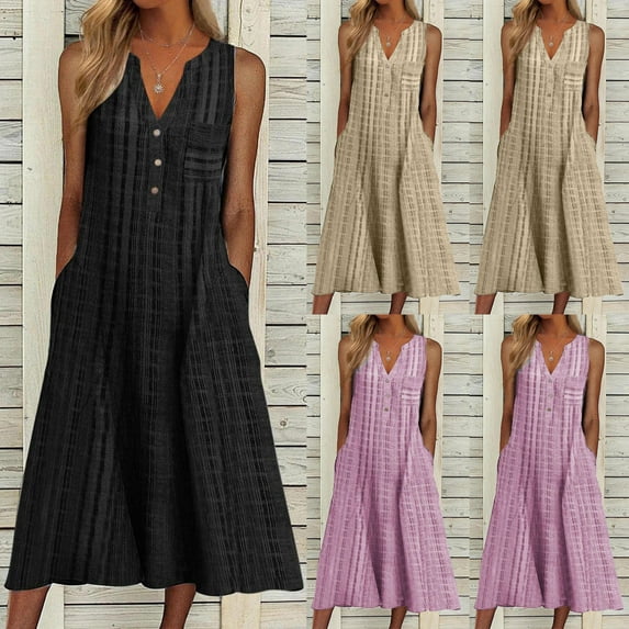 Jacenvly New Sun Dresses for Women 2024 Women'S Fashion Casual Sleeveless V-Neck Button Striped Print Pocket Maxi Dress Comfort Fit Linen Dresses for Women 2024 Black
