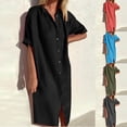 thumbnail image 1 of Jacenvly New Sun Dresses for Women 2024 Womens Spring and Summer Lapel Cotton Linen Button Dress Casual Pocket Short Sleeve Shirt Dress Comfort Fit Fashion Linen Dresses for Women 2024 Black, 1 of 7