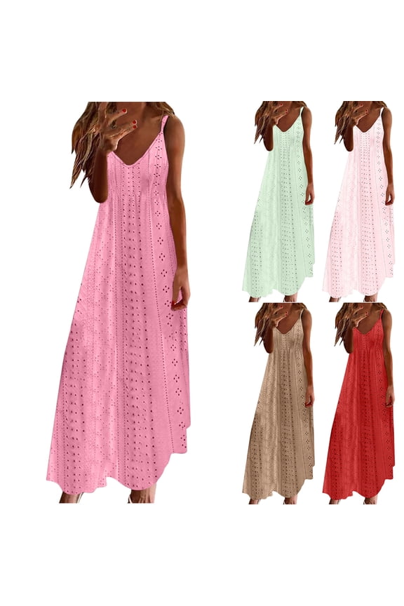 New Sundresses for Women 2024 Women Casual Holiday Style Hollow Out Long Dress Solid Color Loose Sleeveless V-Neck Camisole Dress Lightweight Casual Dresses for Women Mint Green
