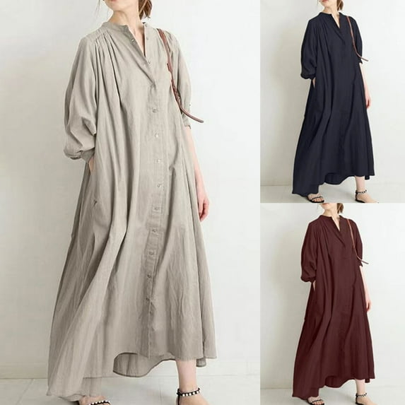 Jacenvly New Sundresses for Women 2024 Women'S Short Sleeved V-Neck Fashion Solid Color High Waist and Ankle Split V-Neck Dress Lightweight Loose Casual Dresses for Women Beige