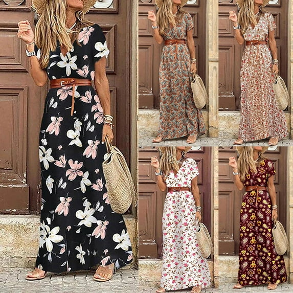 Jacenvly New Sundresses for Women 2024 Women'S Summer Casual Short Sleeve Boho Printed Summer V-Neck with Belt Dresses Lightweight Loose Casual Dresses for Women Wine