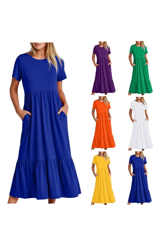 New Sundresses for Women 2024 Women'S Summer Casual Short Sleeve Crewneck Dress Casual Flowy Tiered Maxi Beach Dress with Pockets Lightweight Loose Casual Dresses for Women Orange