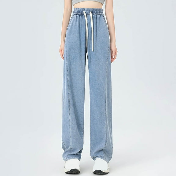 Jacenvly New Trousers for Women Long Pants Casual Solid Elastic Waisted Wide Leg Pants for Women Mid Waist Stretch Fabric Elastic Waisted Pocket Tie Front Blue L